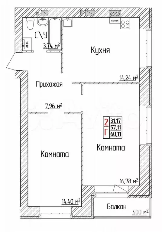 2-к. квартира, 60,1 м, 1/6 эт. - Фото 0