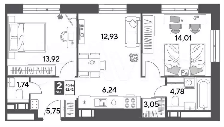 2-к. квартира, 62,4 м, 8/9 эт. - Фото 0