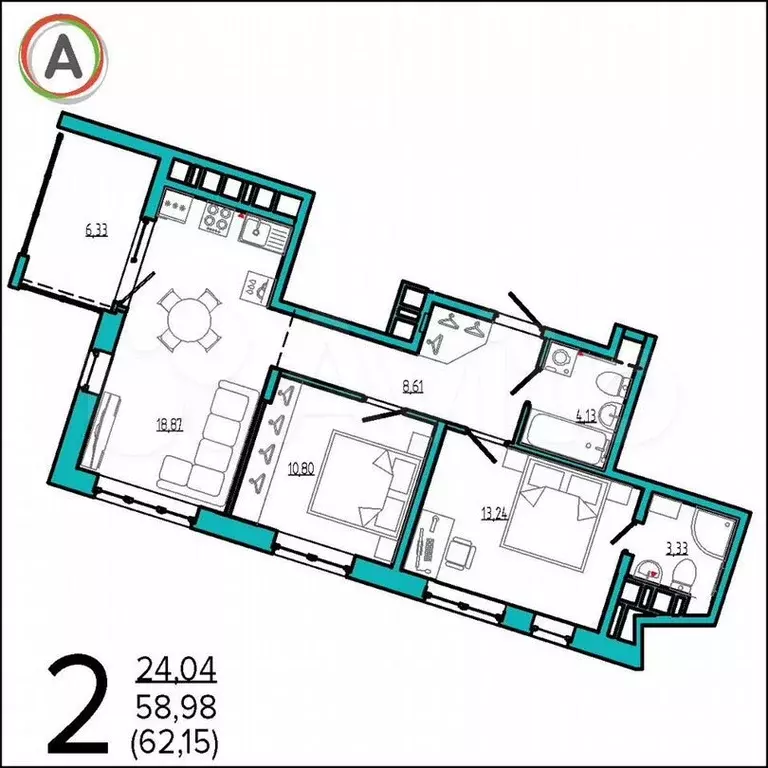 2-к. квартира, 62,2м, 5/16эт. - Фото 1