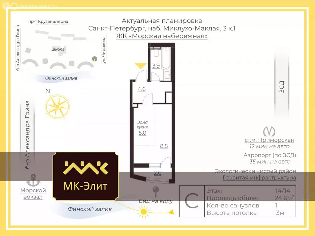 Квартира-студия: Санкт-Петербург, набережная Миклухо-Маклая, 1к1 (24.6 ... - Фото 0