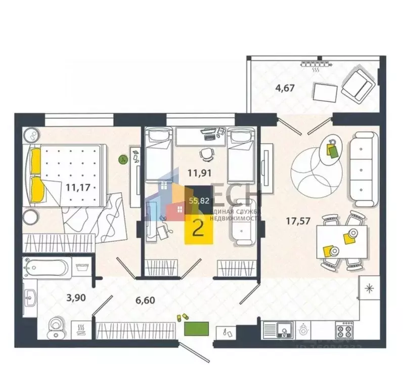 2-к кв. Тульская область, Тула ул. Самоварная, 8А (55.15 м) - Фото 2