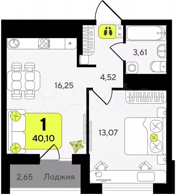 1-к. квартира, 40,1 м, 3/19 эт. - Фото 1