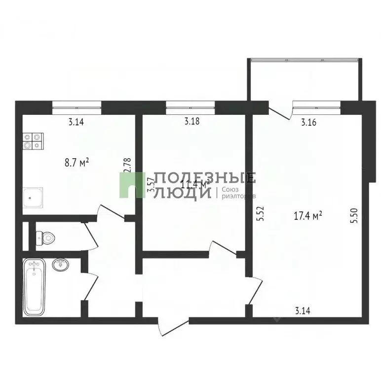 2-к кв. Белгородская область, Белгород ул. Есенина, 20а (52.1 м) - Фото 2