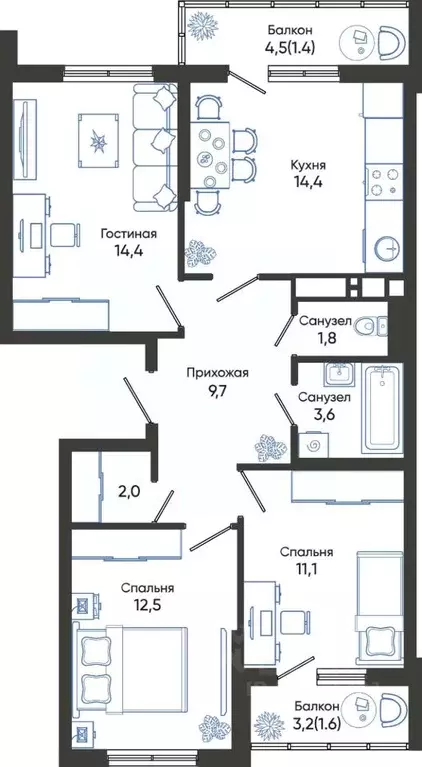 3-к кв. Краснодарский край, Новороссийск ул. Куникова, 47Д (72.5 м) - Фото 0