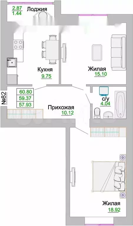 2-к. квартира, 59,4 м, 1/9 эт. - Фото 1