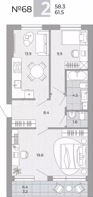 2-к. квартира, 61,5 м, 1/4 эт. - Фото 0