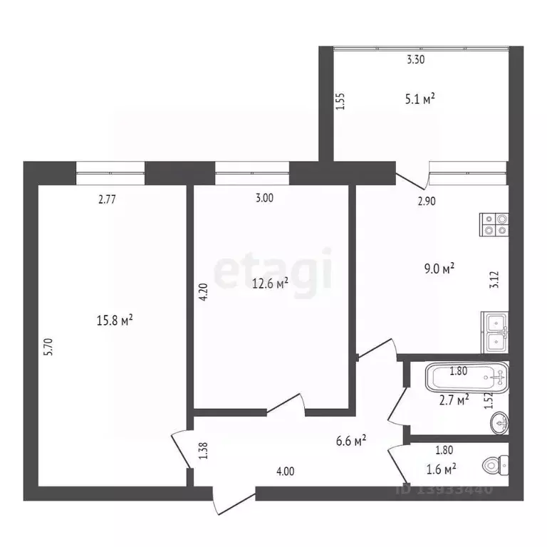 2-к кв. Тюменская область, с. Нижняя Тавда ул. Калинина, 20 (48.3 м) - Фото 1