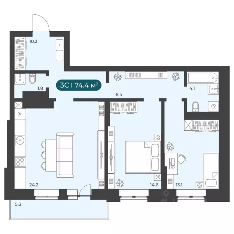 3-к кв. Новосибирская область, Новосибирск Приморская ул., 15с1 (74.4 ... - Фото 1