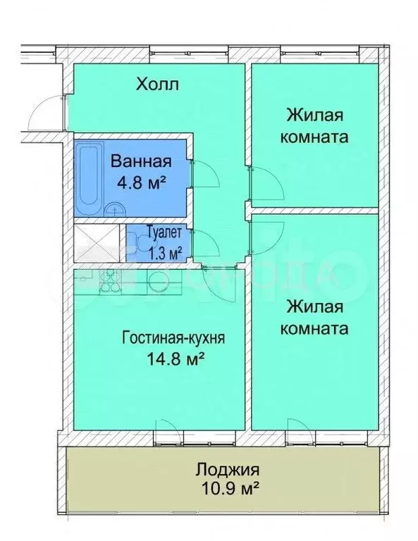 2-к. квартира, 56,4 м, 2/3 эт. - Фото 0