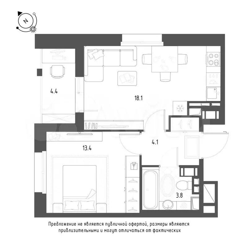 1-к. квартира, 41,6 м, 9/9 эт. - Фото 1