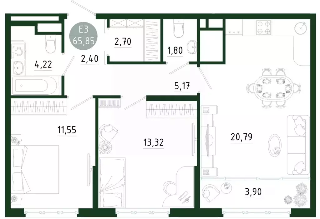 2-к кв. Тульская область, Тула Платон Парк жилой комплекс (65.85 м) - Фото 1