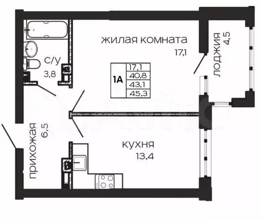 1-к. квартира, 45,3м, 15/17эт. - Фото 0