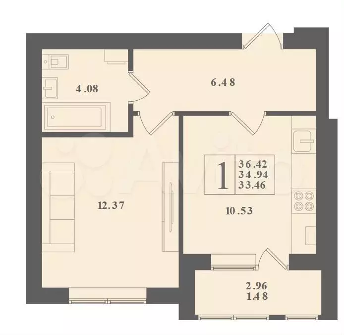 1-к. квартира, 36,4 м, 3/4 эт. - Фото 1