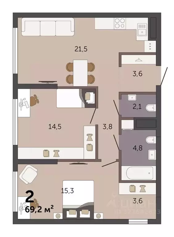 2-к кв. Свердловская область, Екатеринбург Южный жилрайон,  (69.2 м) - Фото 2
