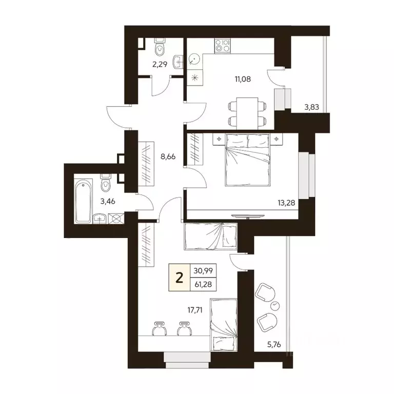 2-к кв. Башкортостан, Уфа ул. Жуковского, 19А (61.28 м) - Фото 1