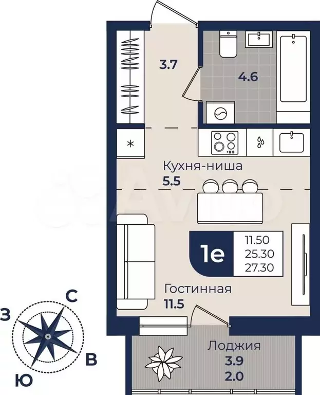 Квартира-студия, 27,3 м, 2/10 эт. - Фото 1