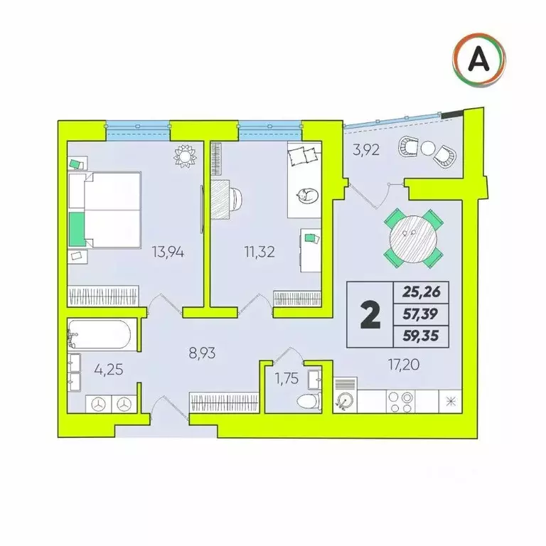 2-к кв. Калужская область, Калуга Зеленый жилой комплекс (59.35 м) - Фото 1