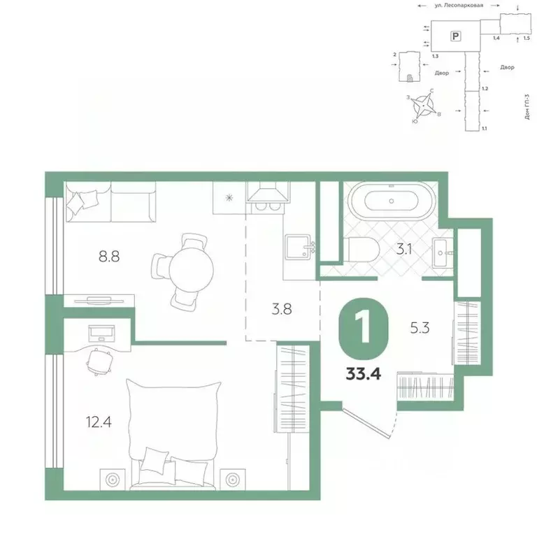 1-к кв. Тюменская область, Тюмень ул. Лесопарковая, 20 (33.4 м) - Фото 1