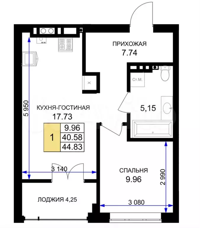 1-к. квартира, 45м, 2/7эт. - Фото 1