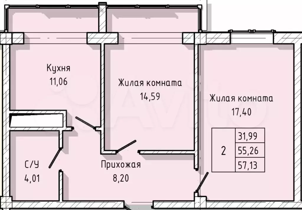 2-к. квартира, 57,1 м, 6/8 эт. - Фото 1