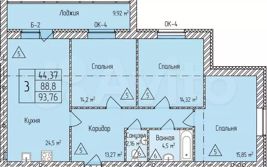 3-к. квартира, 93,8 м, 8/9 эт. - Фото 1