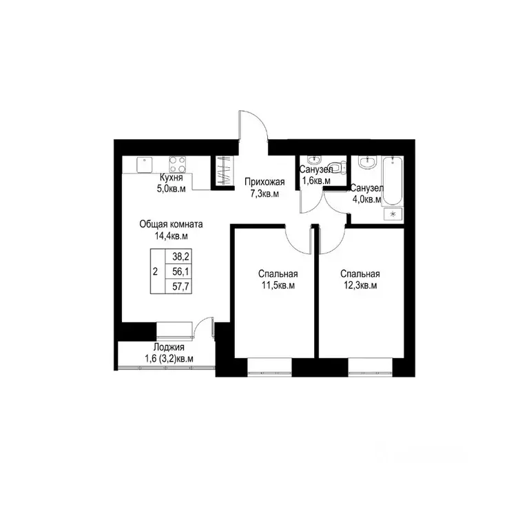 2-к кв. Татарстан, Альметьевск  (57.7 м) - Фото 1