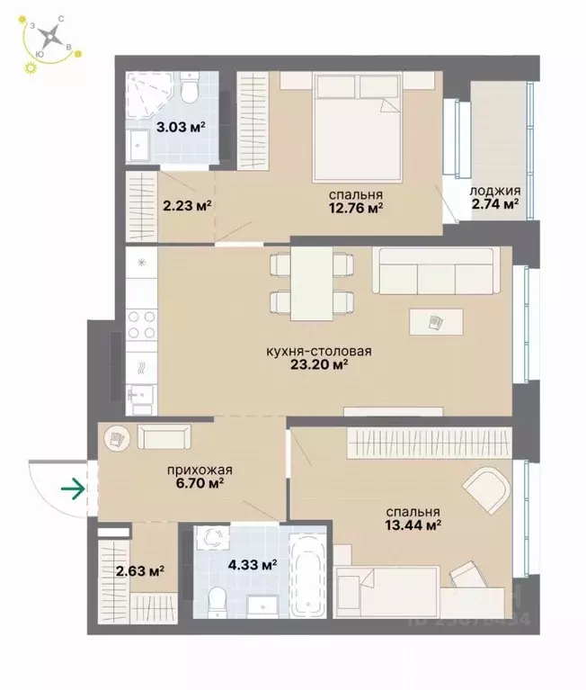 2-к кв. Свердловская область, Екатеринбург Эльмаш жилрайон,  (71.06 м) - Фото 1