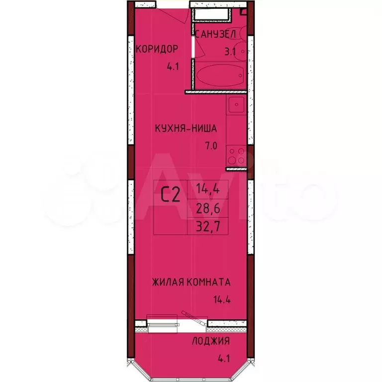 Квартира-студия, 32,7м, 4/17эт. - Фото 0