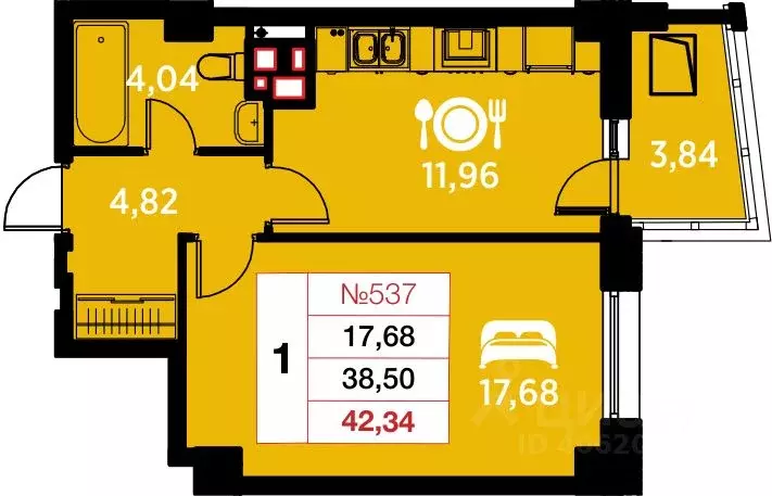 1-к кв. Калининградская область, Калининград ул. Гайдара, 94 (42.34 м) - Фото 0