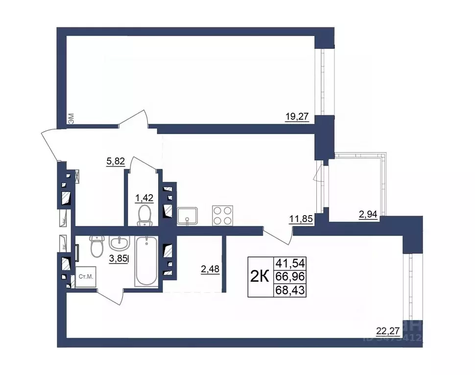 2-к кв. Башкортостан, Уфа Космос жилой комплекс, лит1 (68.43 м) - Фото 1