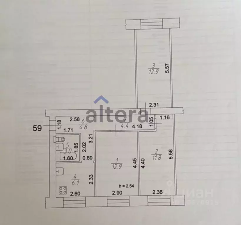 3-к кв. Татарстан, Казань ул. Гагарина, 65 (55.9 м) - Фото 1