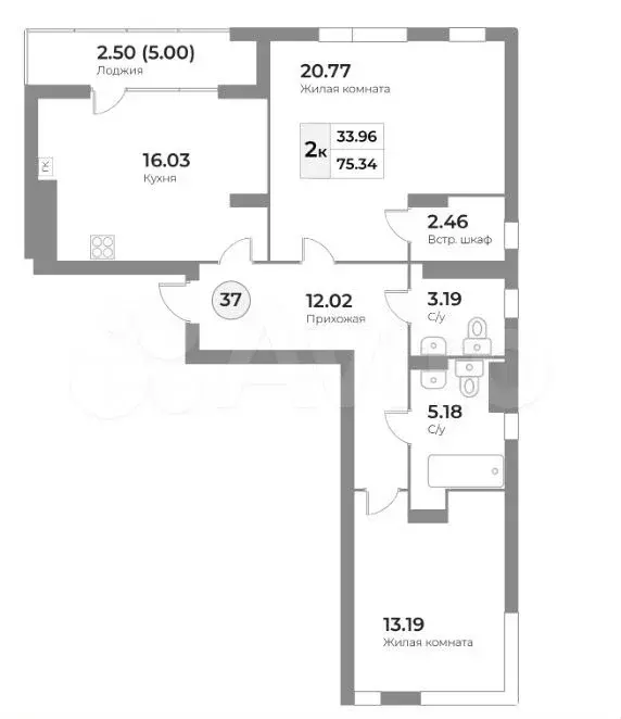 2-к. квартира, 75,3 м, 2/7 эт. - Фото 1