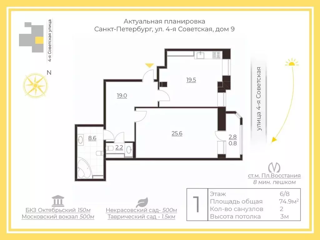 1-к кв. Санкт-Петербург 4-я Советская ул., 9 (74.9 м) - Фото 2