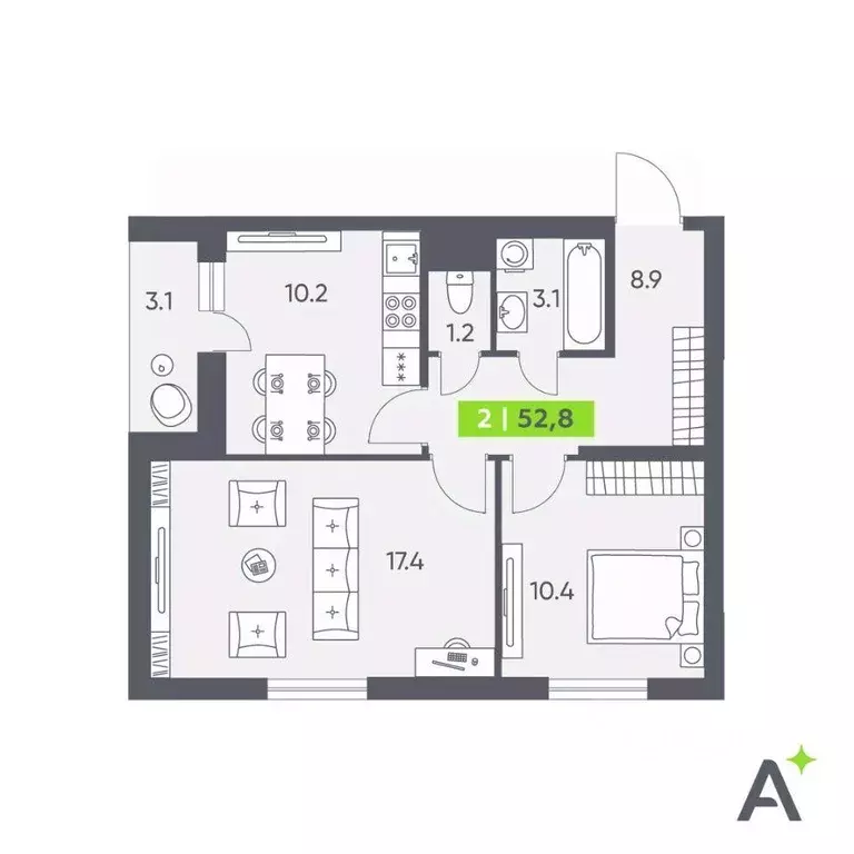 Квартира, 2 комнаты, 52.8 м - Фото 1