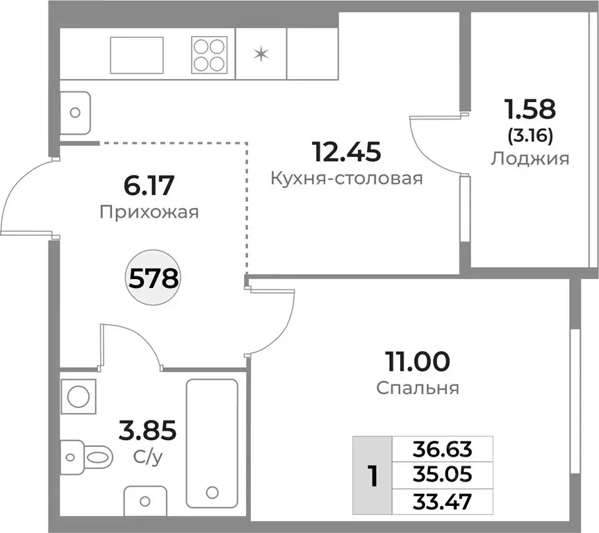 1-к кв. Калининградская область, Калининград Пригородная ул. (35.05 м) - Фото 0