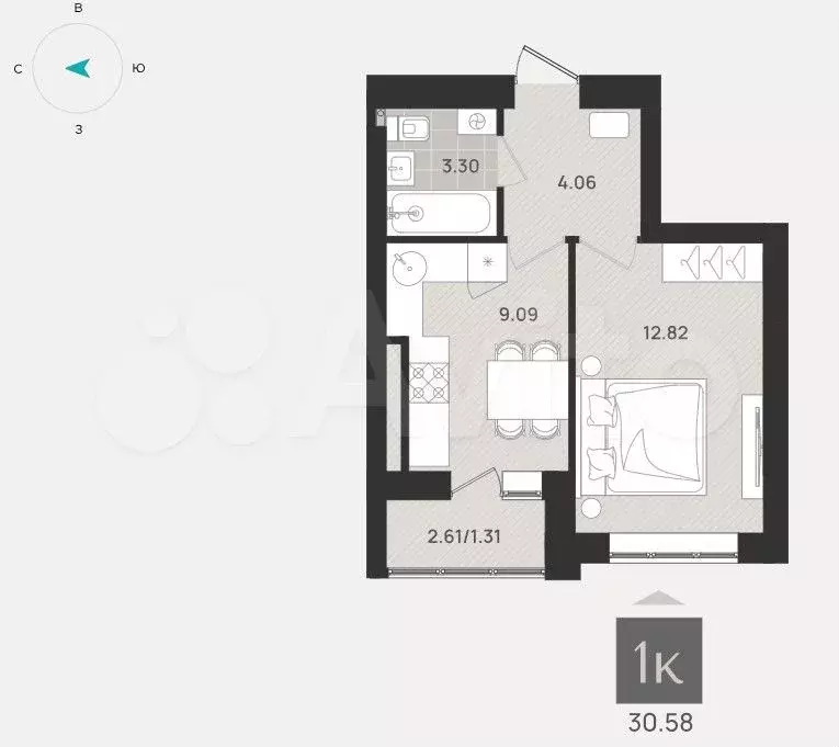 1-к. квартира, 30,6 м, 5/9 эт. - Фото 1