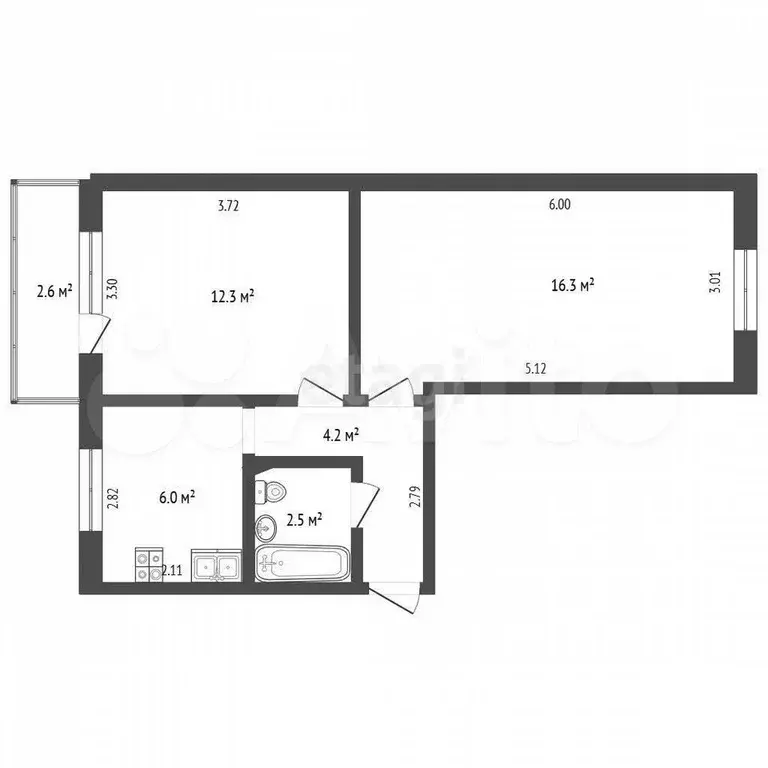 2-к. квартира, 43,6 м, 5/5 эт. - Фото 0