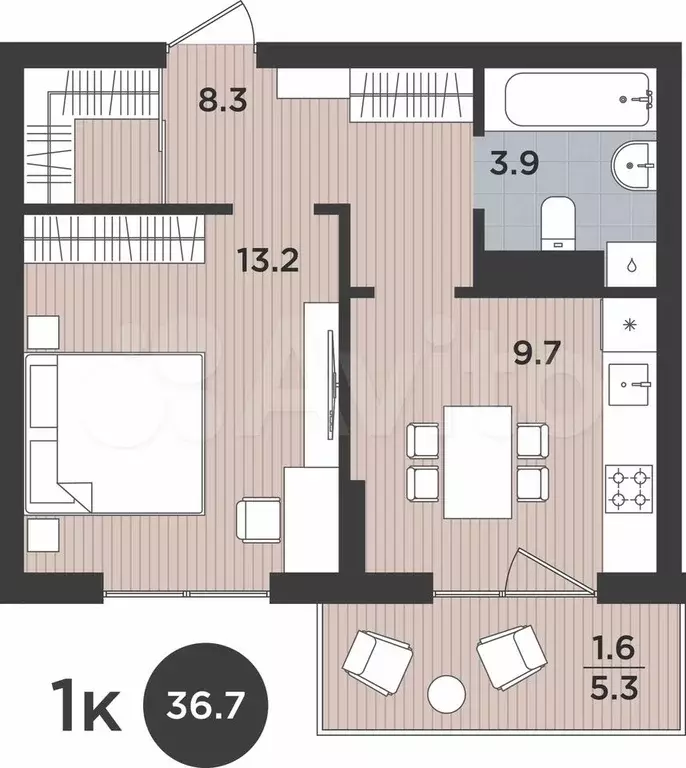 1-к. квартира, 36,7 м, 7/9 эт. - Фото 1