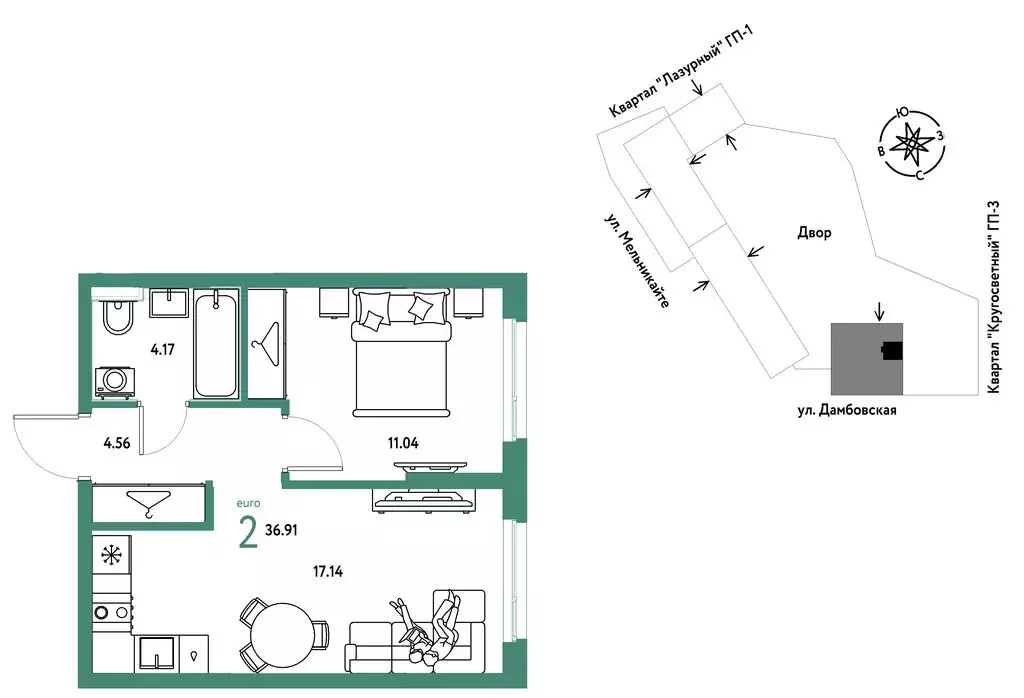 2-комнатная квартира: Тюмень, Хабаровская улица (36.91 м) - Фото 1