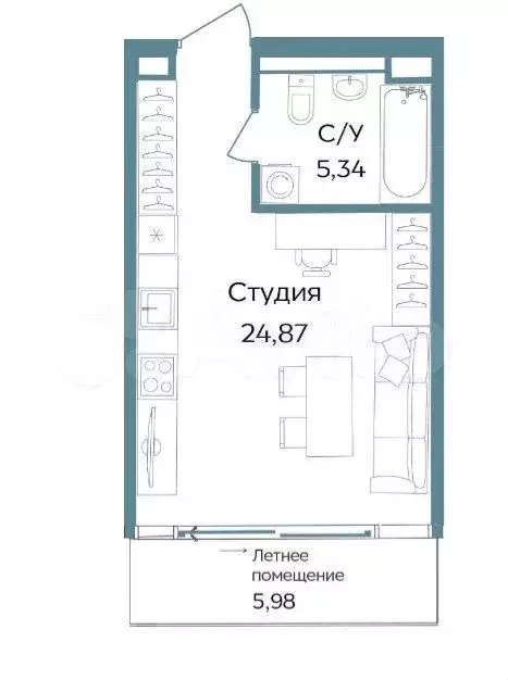 Апартаменты-студия, 29,5 м, 3/13 эт. - Фото 1
