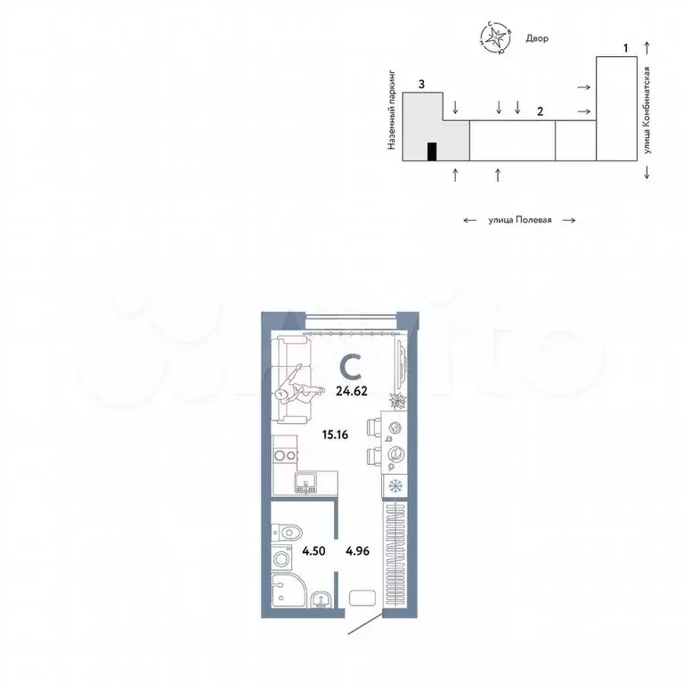 Квартира-студия, 24,6 м, 2/13 эт. - Фото 0