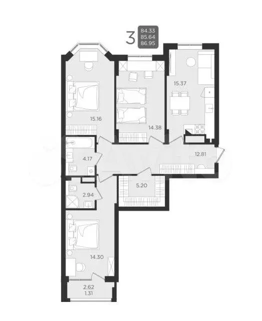 3-к. квартира, 87 м, 3/9 эт. - Фото 1