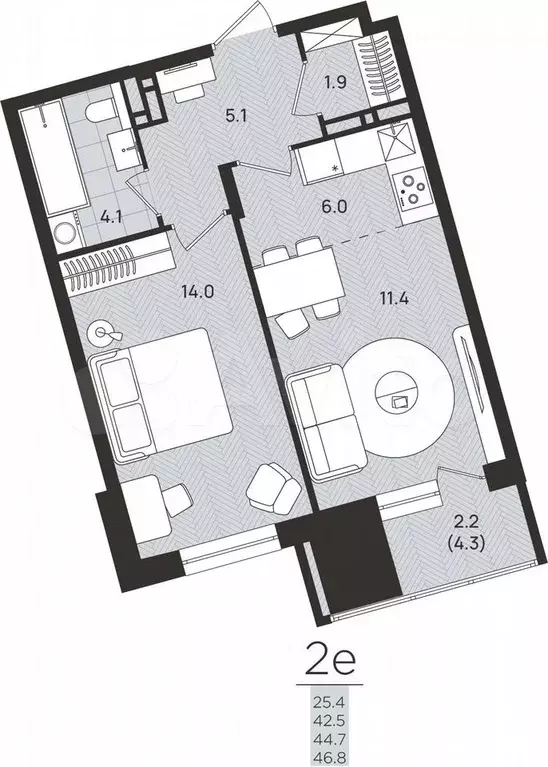 2-к. квартира, 44,7 м, 7/8 эт. - Фото 0