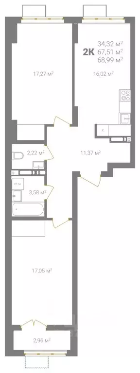 2-к кв. Нижегородская область, Нижний Новгород Ветеринарная ул. (68.99 ... - Фото 2