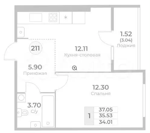 1-к. квартира, 37,1 м, 8/10 эт. - Фото 1