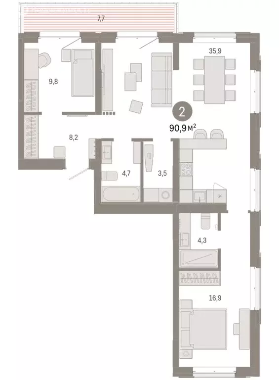 2-комнатная квартира: Тюмень, жилой комплекс На Минской (90.9 м) - Фото 1