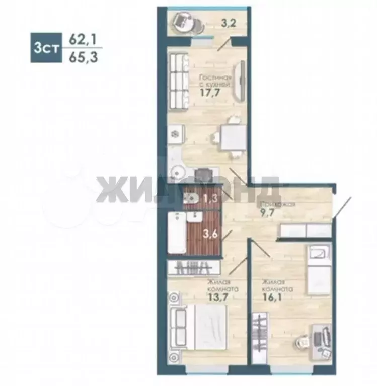 3-к. квартира, 65 м, 2/16 эт. - Фото 0