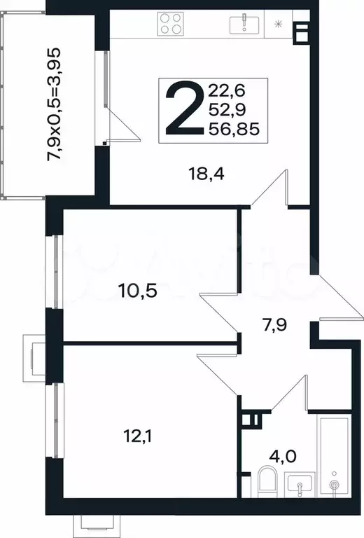 2-к. квартира, 56,9 м, 4/4 эт. - Фото 0