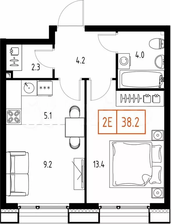1-к. квартира, 38,2 м, 3/9 эт. - Фото 0