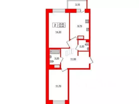 Квартира, 2 комнаты, 53.4 м - Фото 0